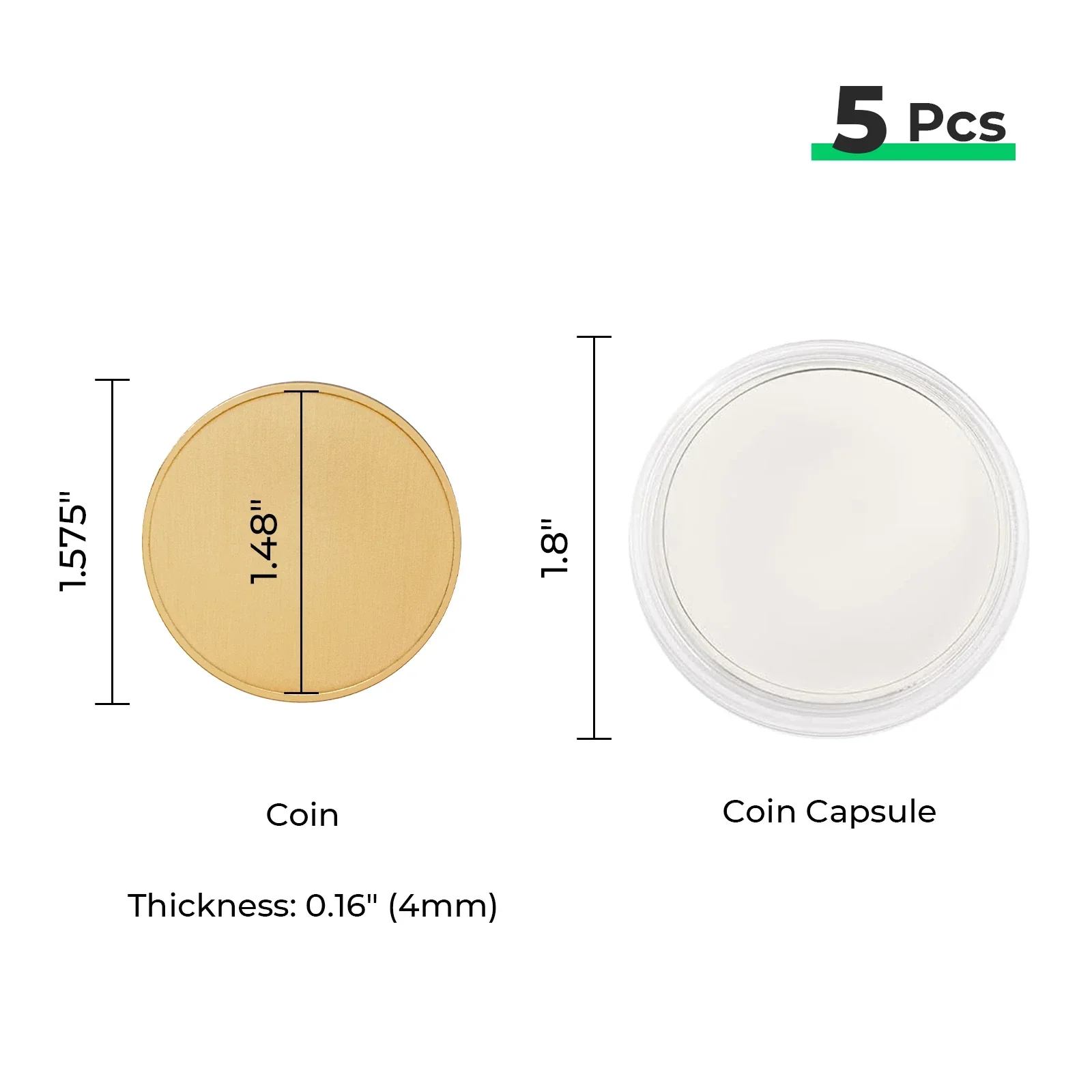 Coin size specification showing 1.575 inch coin and 4mm thickness