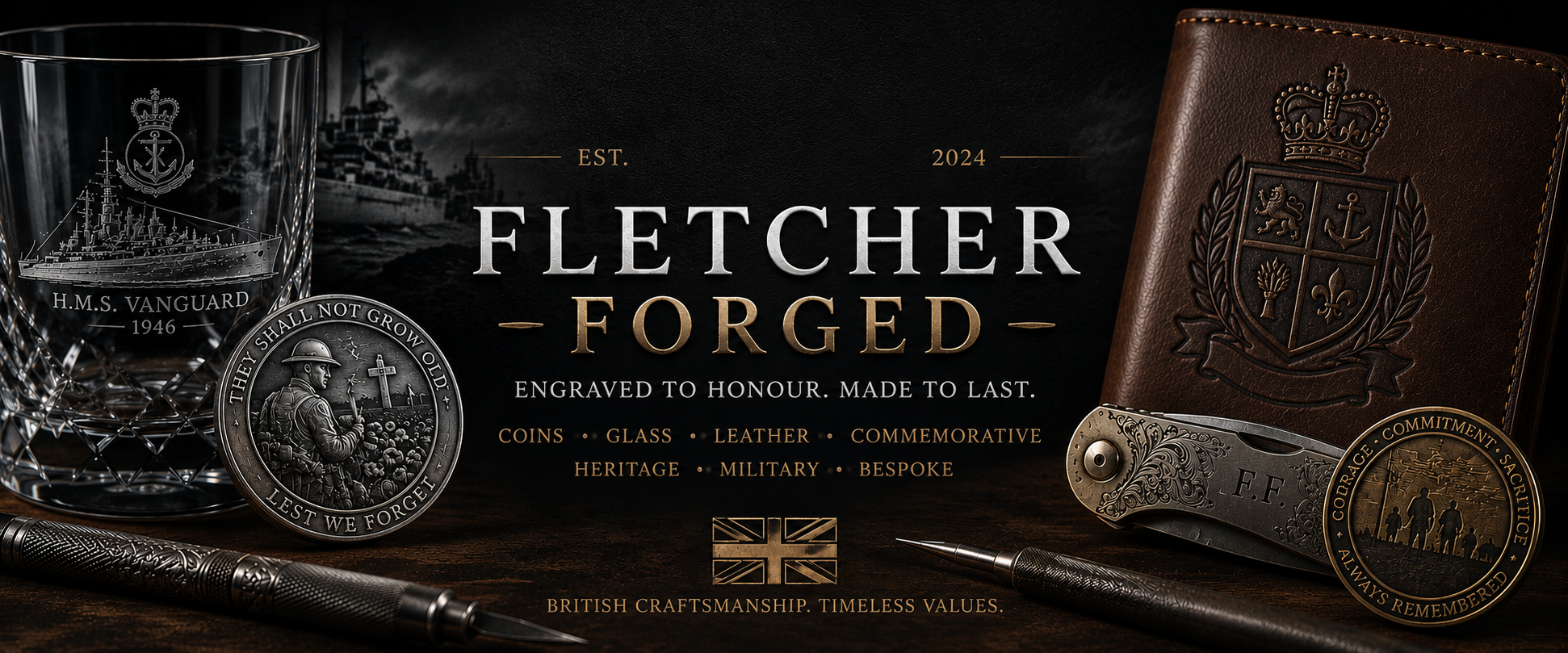 Fletcher Forged engraved products including challenge coins, glass, leather, and commemorative keepsakes